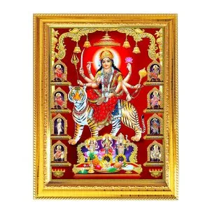 Durga Maa 9 Forms Photo Frame 10x8 Inch |Golden Frame Navdurga Wall & Table Pooja Room Worship Frame